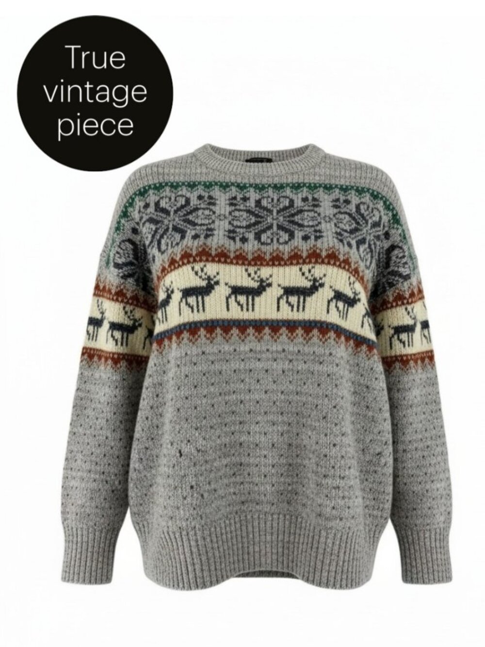 3 SUISSES Grey Vintage Fair Isle Reindeer Wool Sweater size L